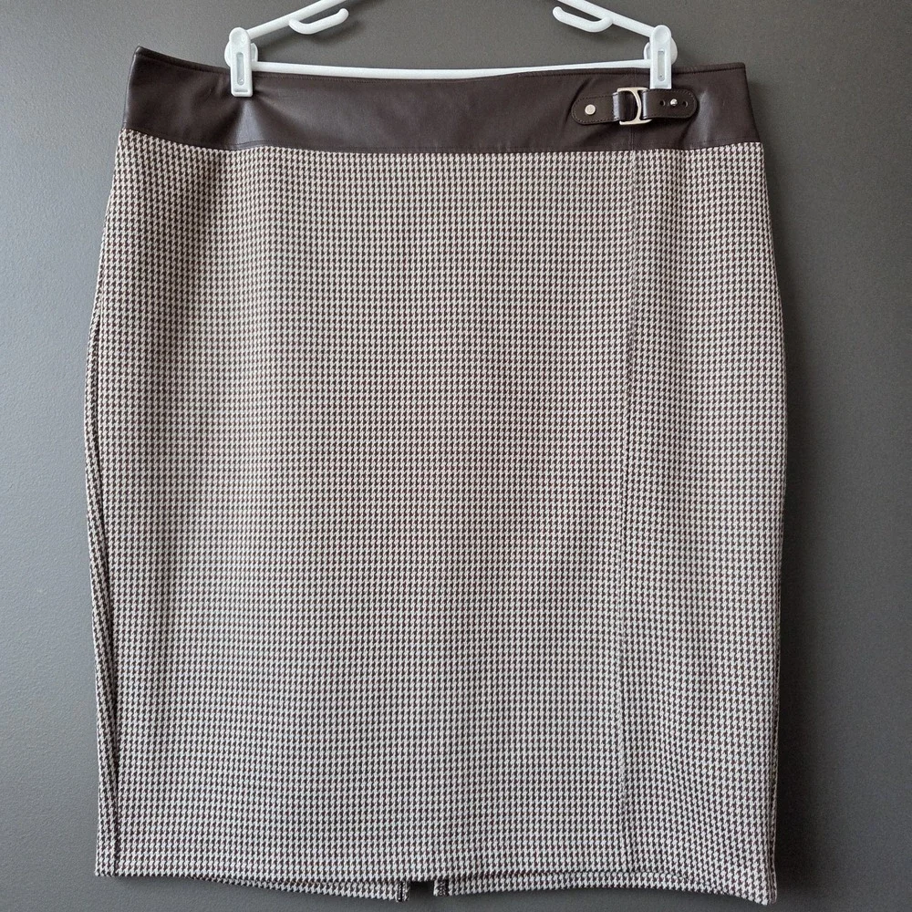 Lauren Ralph Lauren Houndstooth Knit Midi Pencil Skirt 20W Faux Leather Trim EUC